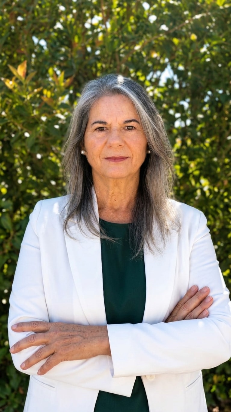 Valeria Fuster, hipnoterapeuta integrativa, con chaqueta blanca frente a un seto verde